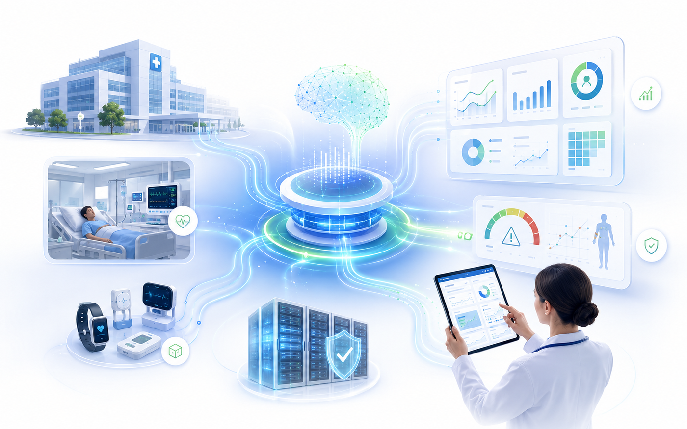 Connected healthcare environments capturing data and generating AI-powered insights